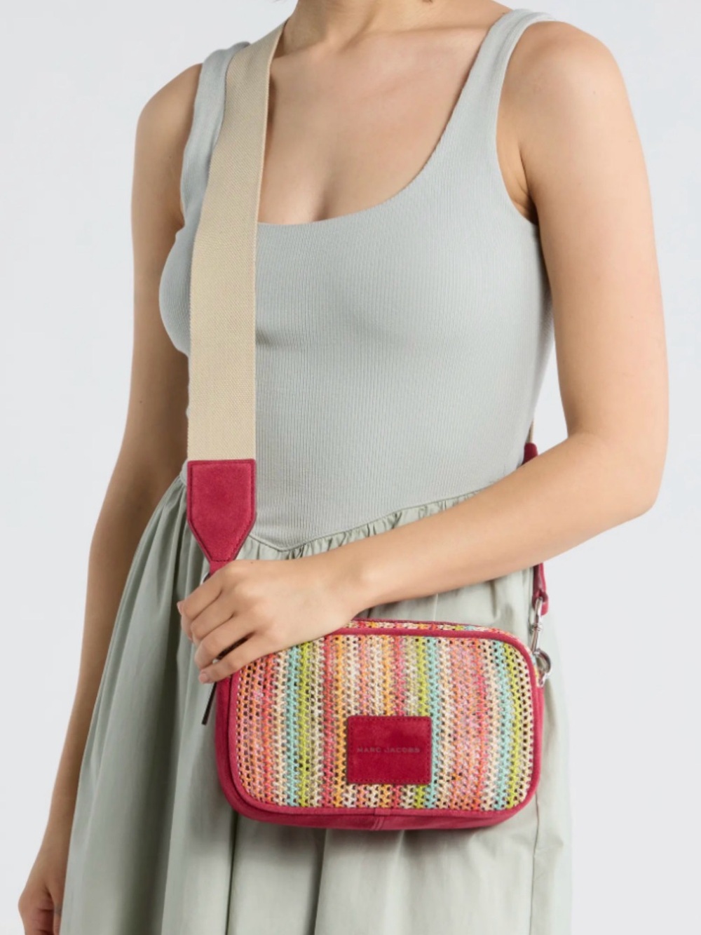 Marc Jacobs Pink Multicolor Woven Crossbody with Wide Beige Strap